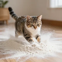 a cat surfing on flour