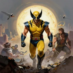 live action wolverine, Greg Rutkowski, Frank Frazetta, trending on Artstation, 8K, ultra wide angle, establishing shot, pincushion lens effect, zenith view