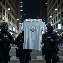 a photo of a floating white t - shirt with an ethereum logo being held by two police officers in full riot gear in the city, photorealism, contrast lighting, down lighting
