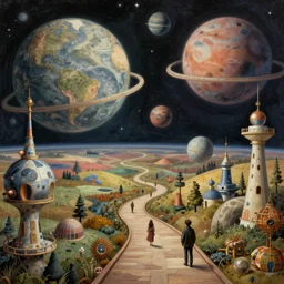 a whimsical matte painting of a winding path into outer space sci - fi dream worlds, surreal planets designed by heironymous bosch, space megastructures inspired by heironymous bosch, vast surreal landscapes and horizon by asher durand and cyril rolando and natalie shau and cyril rolando and andrew ferez, insanely detailed, highly intricate, elegant, masterpiece composition