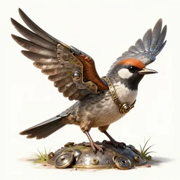 a bird that is repairing its wing with metal, illustration, steampunk, 4 k
