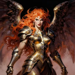 portrait of female chaos angel, beautiful! coherent! by frank frazetta, by brom, strong line, deep color, armor, volumetric hair, high contrast