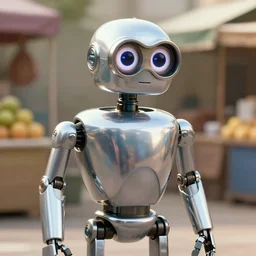 film still from the movie chappie of the robot chappie shiny metal outdoor market scene bokeh depth of field furry anthro anthropomorphic stylized cat ears head android service droid robot machine fursona