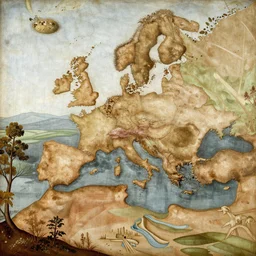 A very detailed painting in the style of Leonardo Da Vinci featuring a river in Europe surrounded by trees and fields. A rubber dinghy is slowly moving through the water. Sun is shining