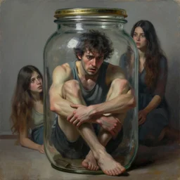 a terrified man sitting trapped inside a jar. whole body visible. detailed face. beautiful detailed dramatic painting by artgerm and magali villanueve and michael whelan