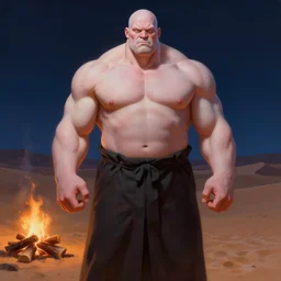 painted portrait of judge holden, a mean, hairless, muscular, bald giant albino man. campfire in the desert at night. intricate, elegant, highly detailed, centered, digital painting, artstation, concept art, smooth, sharp focus, illustration, artgerm, tomasz alen kopera, peter mohrbacher, donato giancola, joseph christian leyendecker