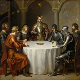 oil painting of king arthur and lancelot at the round table, tony sart