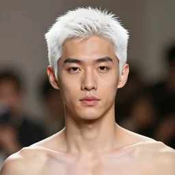 portrait of an asian man who has white victoria's secret model's head, realistic, 4 k