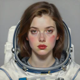 a portrait of a very beautiful woman in a spacesuit with deep dueling scar across cheek, brown eyes, shoulder-length brown hair, red lips, bored, illustration, soft lighting, soft details, painting oil on canvas by mark arian by artgerm, trending on artstation, 4k, 8k, HD