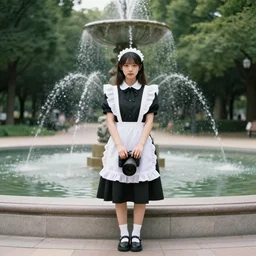 a full body portrait of a young maid standing before a fountain in a park, 8k, cinematic, photo taken with Sony a7R camera, by William-Adolphe