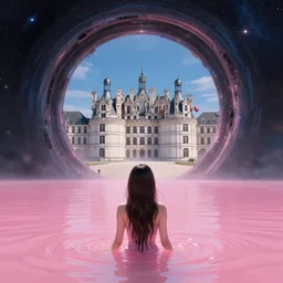 lee jin - eun emerging from pink water in cyberpunk theme looking at an opening interstellar portal to renaissance italy, the portal opens to chateau de chambord, by greg rutkowski, claude monet, conrad roset, takato yomamoto, james jean, rule of thirds, seductive look, beautiful
