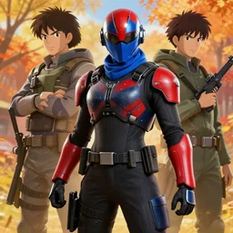 red blue robot cop ninja mask helmet metalgear solidsnake pose training suit swat heros by artist dayer diego and kojima and aramaki shinji by konami, design by mark ryden and pixar and hayao miyazaki, unreal 5, daz, hyperrealistic, octane render, cosplay, rpg portrait, dynamic lighting, intricate detail, harvest fall vibrancy, cinematic illustration character design concept the phantom pain cosplay sniper wolf