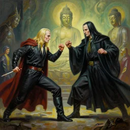 A very detailed surreal fantasy oil painting of an epic fighting scene between Lord Voldemort and Buddha by Manjit Bawa, trending on artstation, 4k.