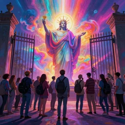 [ palate ] [ vibrant colors ] anxious souls congregating and waiting in line at a giant iron gate, vibrant neon nebulous clouds, radiant light rays, photorealistic illustration, intricate and fine details, volumetric lighting, artstation, god figure at the gate - w 1 0 2 4