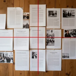 a wall with papers and photos spread out. conspiracy theory. red line between papers. investigation. wooden wall. detailed picture. soft light