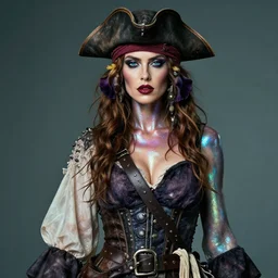 a woman with iridescent skin, pirate clothes by van herpen, iris