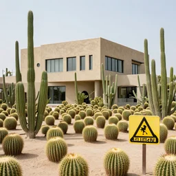 photography of a building with alot of cactus in desert with a sign of warning, 4k, detailed