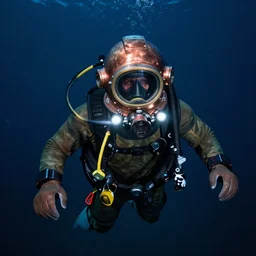 ghost scuba diver wearing copper four light, twelve bolt diving helmet, heavy diving gear, emerging from the ocean at night in the style of ghost of captain cutler