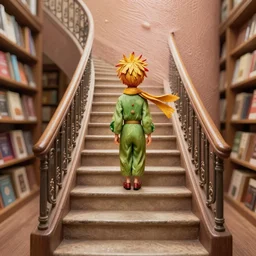 the little prince on staircase at livraria lello, real life skin, intricate, highly detailed, artstation, concept art, smooth, sharp focus, art by artgerm and greg rutkowski