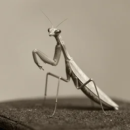 anthropomorphic praying mantis, wearing a suit, vintage photograph, sepia