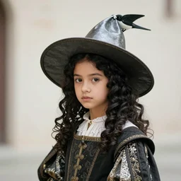 a beautiful young girl with black curls wearing a wide-brimmed iron hat resembling a swallow's tail, dressed in a doublet and cloak
