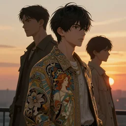 anime boy, sunset backdrop, art by mappa and ilya kuvshinov, portrait, intricate, highly detailed, digital painting, digital art, golden hour lighting, trending on pixiv fanbox, trending on artstation, concept art, sharp focus, illustration art by artgerm and greg rutkowski and alphonse mucha, wlop, unreal engine, 4 k