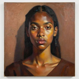portrait in daring femininity, ethnic, determined realistic face, profound, warm glow, bathed in light, chiaroscuro, specular highlights, angular impressionism, radiosity, terrazzo, earthy tones, modern fashion, contemporary art, oil on canvas