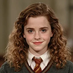 Anime as Emma Watson playing Hermione Granger. Cute fine face. Pretty face. Cute smile. Realistic shaded. Perfect face. Fine details. Anime. Realistic shaded lighting.Yusuke Murata!!!! Magali Villeneuve. artgerm. Rob Rey,