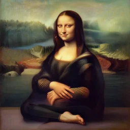 a portrait picture of a skinny young woman wearing workout clothes doing yoga near the lake!, looks like mona lisa, beautiful oil painting, centered, highly detailed, masterpiece, award winning, sharp focus