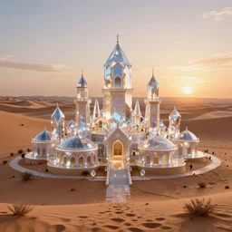 an amazingly stunning picture of a crystal mirage town in the middle of a desert, intricate detail, sunset, serene, volumetric lighting, 8 k, photorealistic, digital art trending on artstation