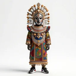 Maya render of colorful - Burkina Faso Sancri Mask Festival - masquerade,Costume embellished with chrome and tooth crown cork bottle caps,Wearing Puma RS-Z sneakers,White backdrop,Concept Art - Gareth Davies - Stanley_X52,