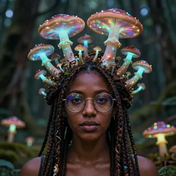 a brown woman with dreads and glasses with iridescent bioluminescent mushrooms growing out of her head, beautiful lighting, phosphorescent mushrooms, blooming forest. highly detailed fantasy, psychedelic portrait, rich colors, high contrast. artstation