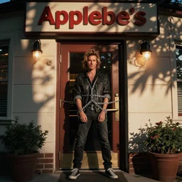 chad robert kroeger of nickelback tied up with chains to the front door of an applebee's