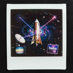 prototype space telescope + analog tv vhs glitch + habs logo concept + satellite dish + 80s laser beams :: a space nebula + transmission waves + radar + mirror.  on a polaroid photo of light refracted through stained glass, 8k, 35mm