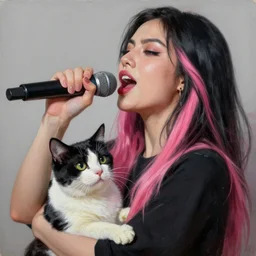 a woman with black long hair and pink extensions singing powerfully with her black and white cat, oil painting, high detail, 4k, trending on artstation, devianart, cgsociety