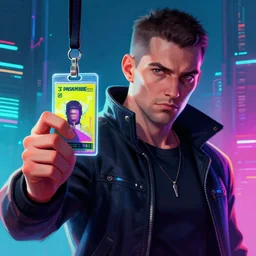 a cyberpunk man holding a ID card in his hand, normal hair, a character portrait, synthwave by art artgerm, cg society contest winner, shock art, sci-fi, artstation hq, speedpainting