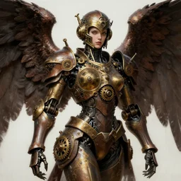 picture of robot angel, female - looking, armor, helmet, steampunk tech, ornamental gears and cranks, brown and gold, grimdark, wings, digital painting, highly detailed, smooth, sharp contrast, digital paintin, by artgerm and greg rutkowski and alphonse mucha, comic cover art