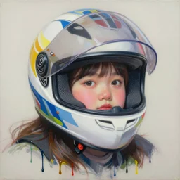 portrait of a cute fat girl in a racing helmet by shusei nagaoka kaws david rudnick airbrush on canvas like lines of dripping oil paint cover nearly everything, painted by john bauer signac and frank auerbach pastell colors cell shaded 8 k
