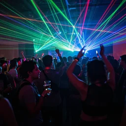 friends dancing at a alternative concert with drinks and lasers crowd in the back, abstract