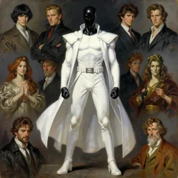 full figure character design of a handsome shadowly dark superhero vigilante in white clothes, character design, painting by gaston bussiere, katsuya terada, nc wyeth, greg rutkowski, craig mullins, vermeer, frank frazetta, mucha, tom of finland, trending on artstation, jeffery catherine jones, rule of thirds