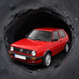garfield entering a black hole inside a red volkswagen golf 2