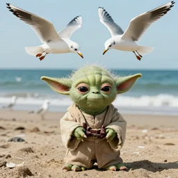 sad real life Yoda on a beach, seagulls pecking Yoda’s head