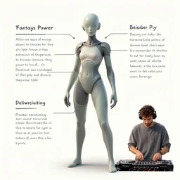 fantays power with notes about biology, sci fi character design, dj with headphones, by Leonardo da Vinci, anatomy, torn parchment, sacred texts, high detailed illustration