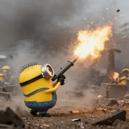 minions firing a 8 5 mm mortar, debris and dirt flying, smoke, war photography