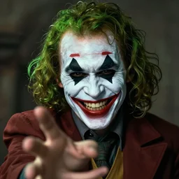 murderous laughing psychopath person with white face,huge smile, long green slightly curly hair about to kill someone while looking at a camera