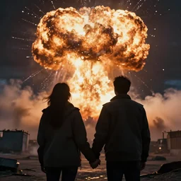 couple holding hands together, watching the end of the world, nuclear explosion, end of the world