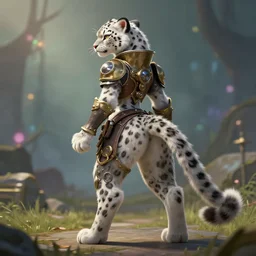 a fierce snowleopard fursona stands ready for combat, view from behind of a furry wearing a steampunk suit. unimaginably beautiful, gorgeous, elegant, young woman with feline features and digitigrade legs with fluffy paws, an absurdly detailed illustration, trending on furaffinity, vraytracing, bokeh battlefield. league of legends character splash art