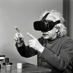 black and white oldschool photo of albert einstein playing games with a vr headset