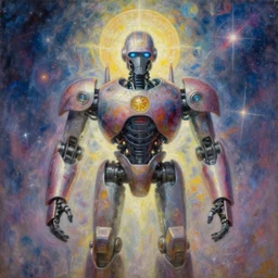 holy saint aura battle robot award winning portrait symmetry faded tetrachromacy colors astral background tim hildebrandt wayne barlowe bruce pennington donato giancola larry elmore masterpiece trending on artstation cinematic composition beautiful lighting hyper detailed!!! 8 k oil on canvas