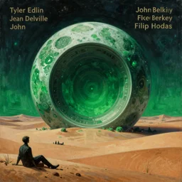 gigantic portal in the green moonlit desert, surrealism, by Tyler Edlin and Jean Delville, by John Berkey and Filip Hodas, sci-fi concept art, Beeple, highly detailed, soft lighting, rendered in octane, by Roger Dean, by Dean Ellis, catholicpunk, german romanticism style, oil on canvas, cinematic lighting, vibrant, concept art, gothic, contrasting, nightscape